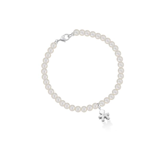 Bracciale di perle da 4,5-5 mm, sagoma bimbo in oro bianco con diamantino ct 0,005. LBB802