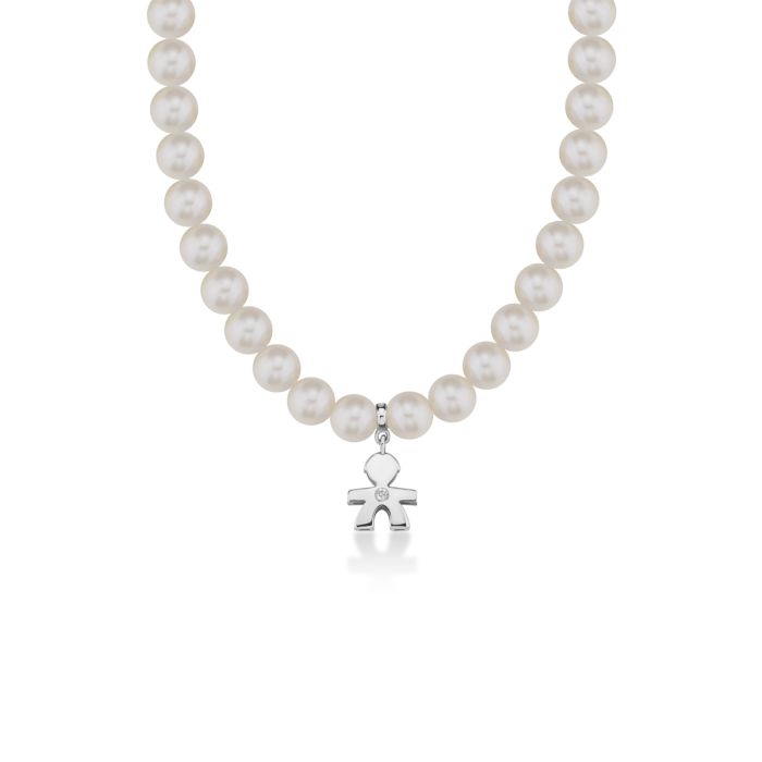 Collana di perle da 4,5-5 mm, sagoma bimbo in oro bianco con diamantino ct 0,005. LBB800