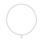 Collana di perle da 4,5-5 mm, sagoma bimbo in oro bianco con diamantino ct 0,005. LBB800