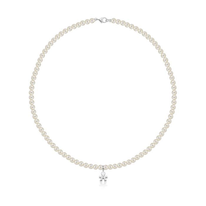 Collana di perle da 4,5-5 mm, sagoma bimbo in oro bianco con diamantino ct 0,005. LBB800