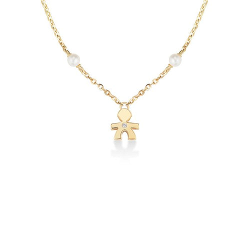 Collana di perle da 3-3,5 mm, sagoma bimbo in oro giallo con diamantino ct 0,005. LBB830